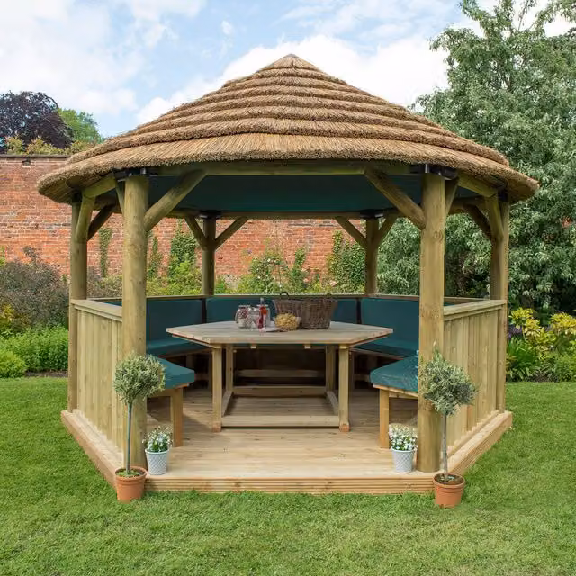 Forest Green Hexagonal Garden Gazebo with Rustic Thatched Reed Roof and Pine Wood Frame