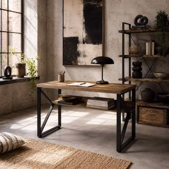 Wyld Haus Filudi Writing Desk in Black and Brown Wood Effect with Storage Shelf, W: 120 cm, D: 60 cm, H: 76 cm – 1