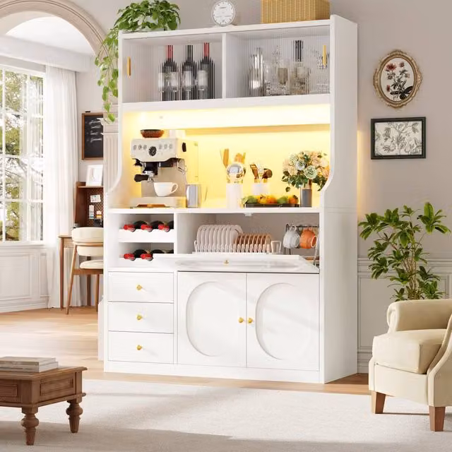 Merax White Kitchen Dresser with Integrated LED Lighting, Wine Rack and Glass Sliding Doors, H 180 x W 61 x D 40 cm