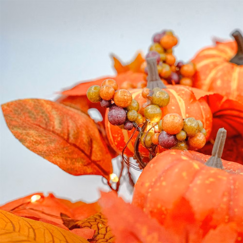 BOSK Pumpkin Orchard 26 inch Autumn Wreath with Warm White LED Microbulbs in Orange, Red and Yellow – 2