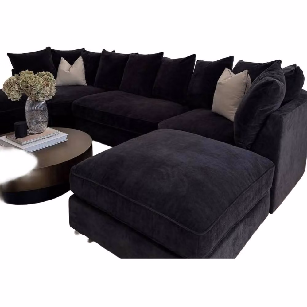 Home & Love Bishop U Shape Cinema Scatterback Corner Sofa in Black Velvet with Matching Ottoman – 2