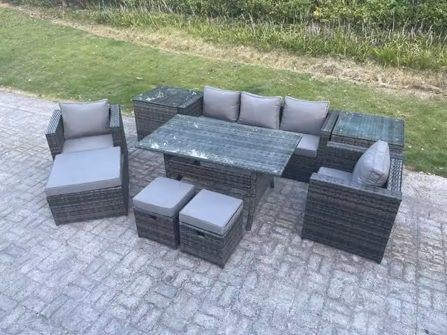 Fimous Dark Grey Rattan Garden Furniture Set with Dining Table, Lounge Sofa, Chairs and 3 Footstools