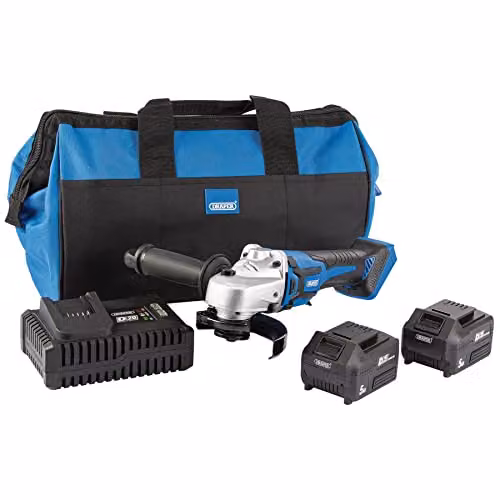 Draper 99730 D20 20V 115mm Brushless Grinder Kit in Blue with 2 x 5Ah Rechargeable Batteries, Charger and Bag