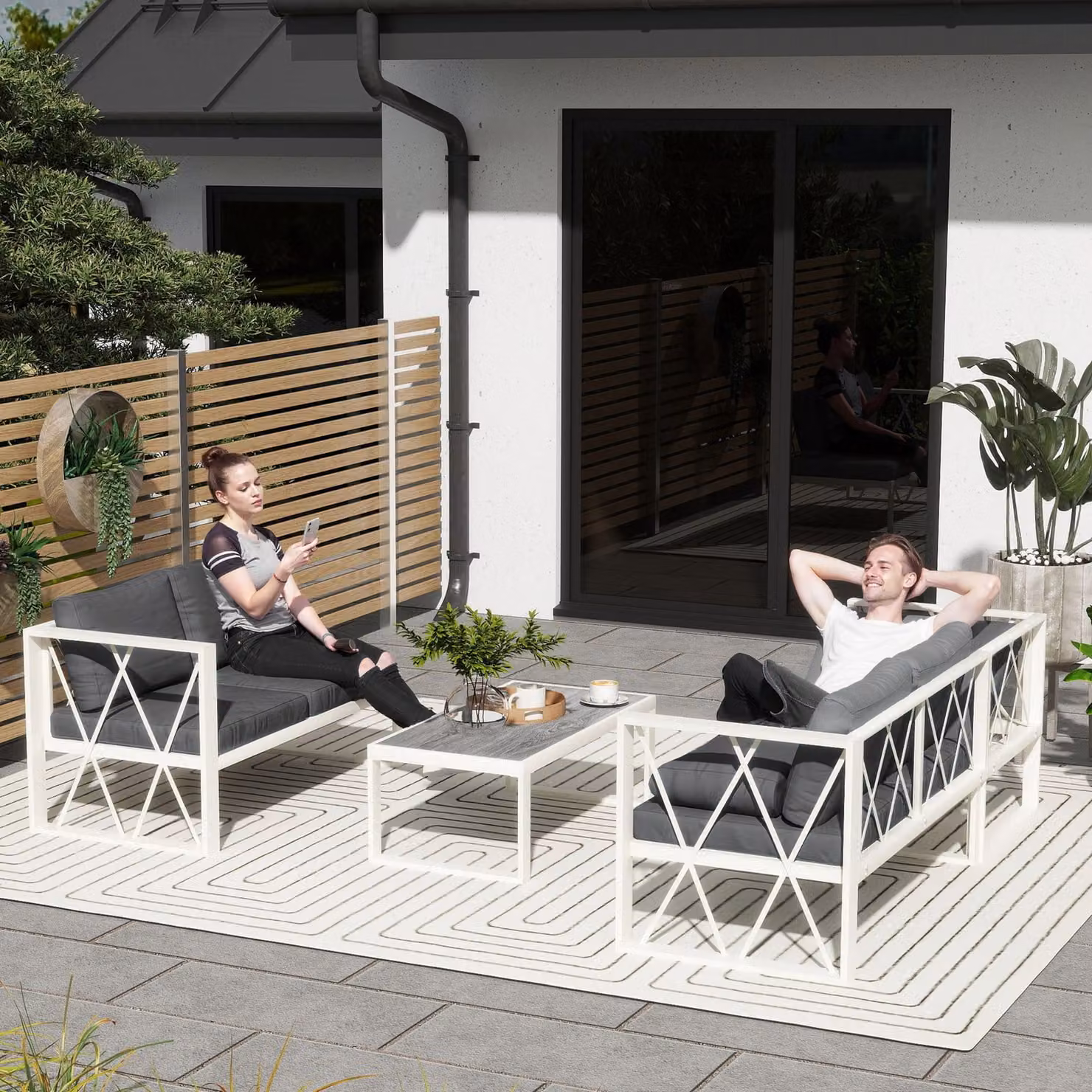 Outsunny 4-Piece L-Shaped Garden Corner Sofa Set with 5-Level Adjustable Lounger and Coffee Table in Grey – 1