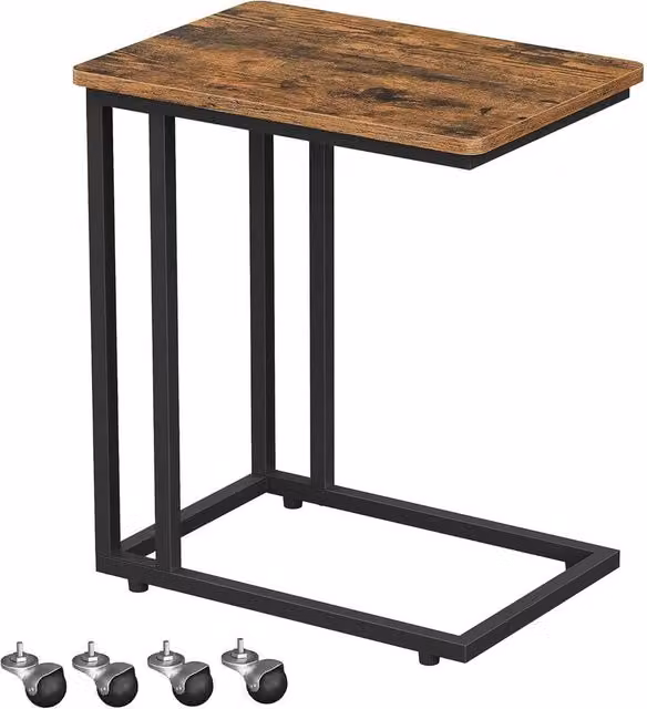 FORGEVIO Industrial Wheeled Side Coffee End Table with Matt Metal Frame in Black and Brown