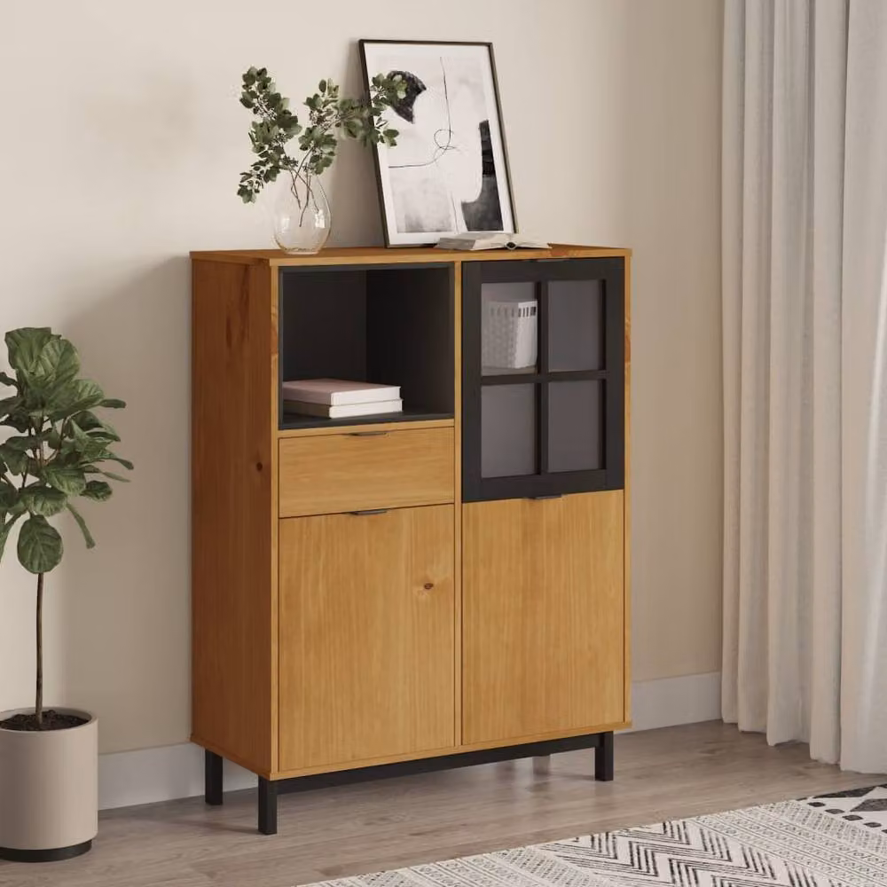 Berkfield Home FLAM Highboard in Brown Solid Pine with Glass Doors, W/D/H: 92 x 40 x 122.5 cm – 2