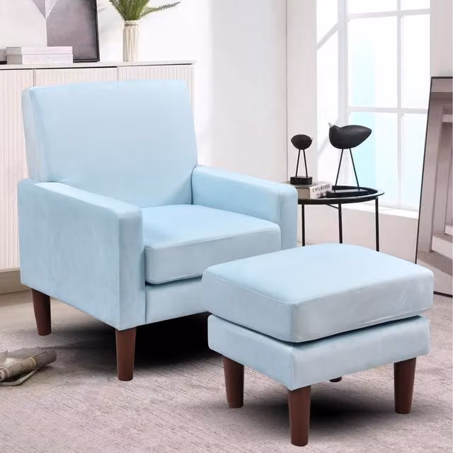 Comfy Living Modern Plush Velvet Tub Chair with Matching Footstool in Blue