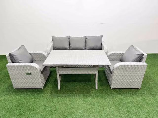 Fimous PE Rattan Garden Furniture Set with Reclining Chairs, Lounge Sofa and Rectangular Dining Table in Light Grey