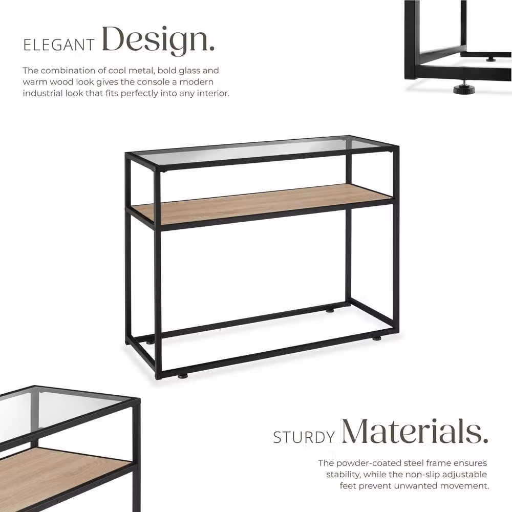 tectake Kilkenny Console Table with Glass Top and 2 Shelves in Light Oak and Black – 3