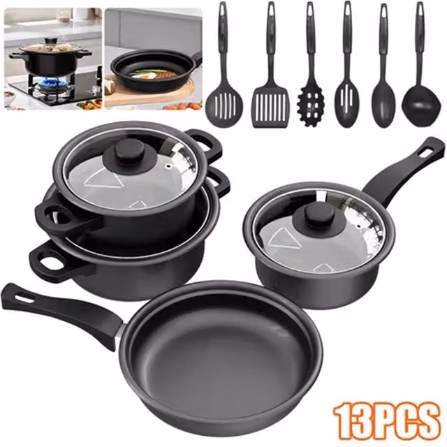 Nordara 13 Piece Non-Stick Cookware Set with Frying Pan, Saucepan and Glass Lids in Black – 1