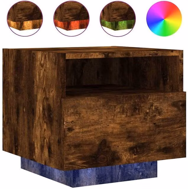 Berkfield Home Bedside Cabinet with Integrated LED Lights in Smoked Oak Brown, W/D/H: 40 x 39 x 37 cm – 1