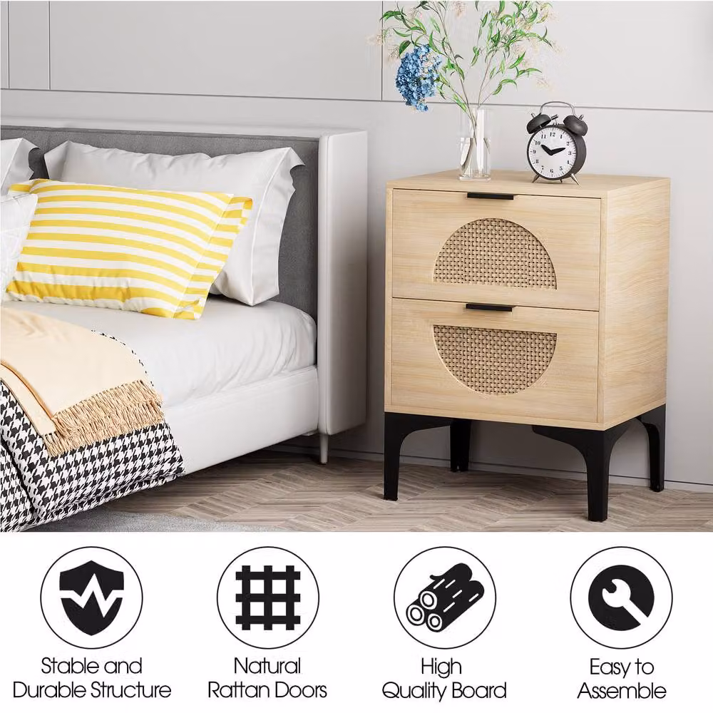 Huhote Boho Bedside Table Set of 2 with Rattan Drawers in Brown – 6