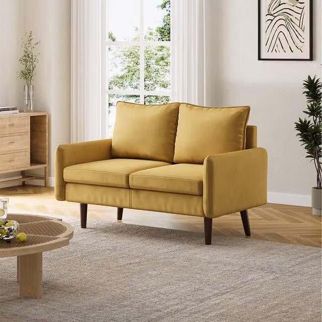 Komore Two Seater Mid-Century Velvet Upholstered Sofa in Beige and Yellow