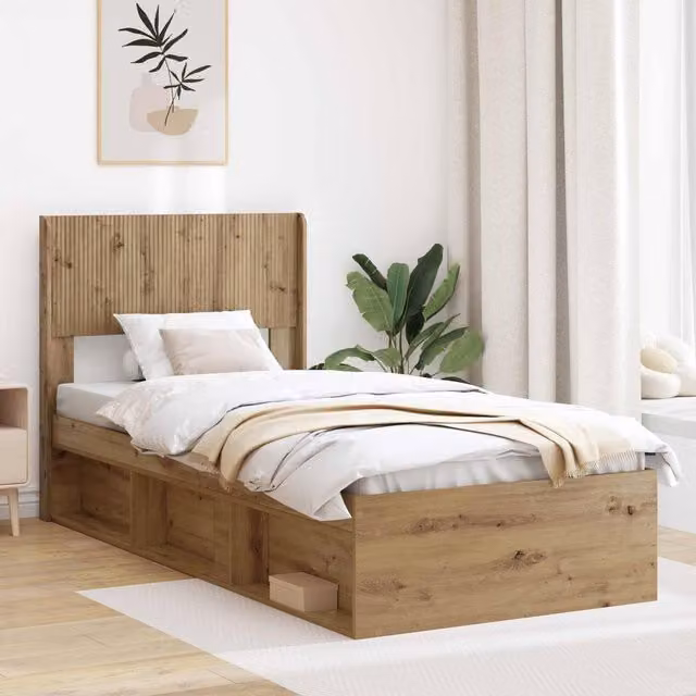 Berkfield Home Artisan Oak Bed Frame with Storage, Headboard and Side Compartments, Brown, W: 75 cm, L: 190 cm – 1