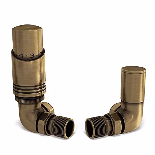 UK Radiators Talus Bold Modern Thermostatic Radiator Valve and Lockshield Set in Antique Brass