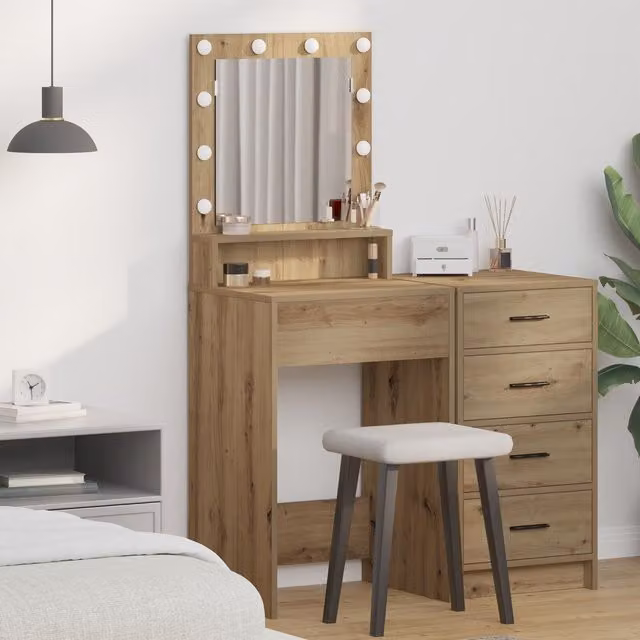Berkfield Home LED Lighted Dressing Table in Artisan Oak, Brown, W/D/H: 50 x 41 x 135 cm