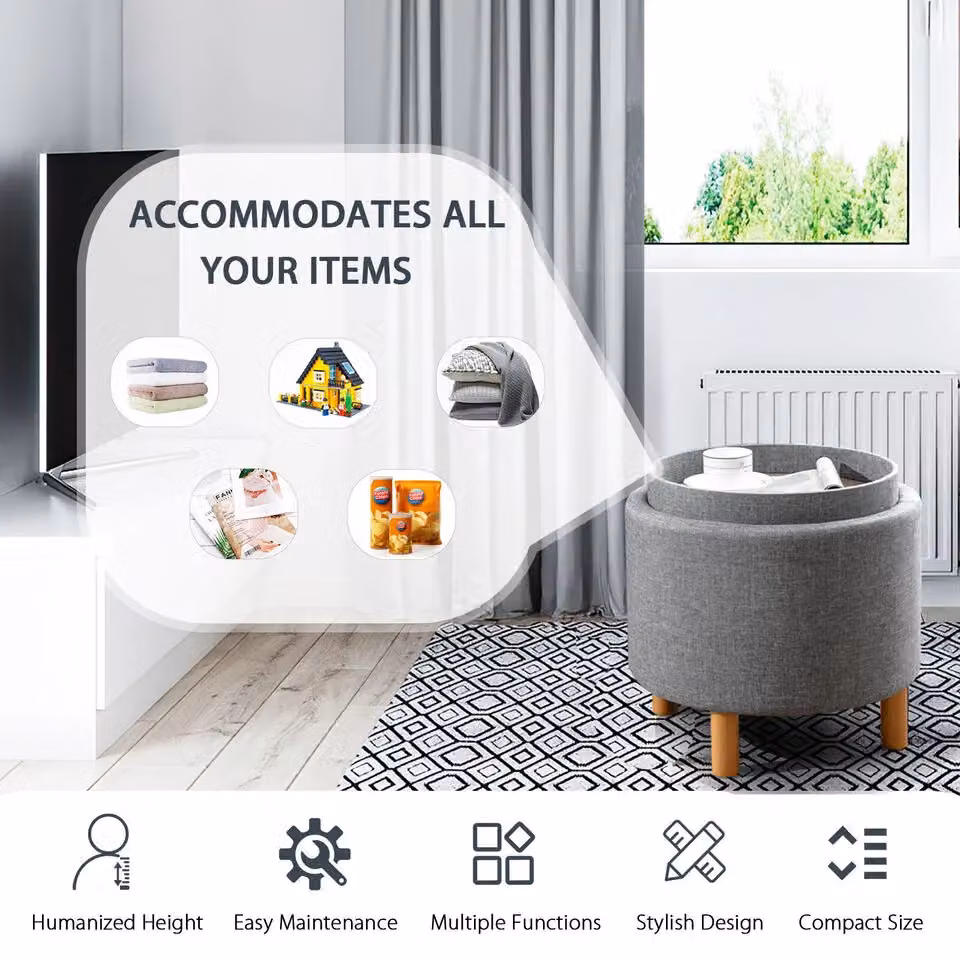 Costway Round Fabric Storage Ottoman with Tray and Non-Slip Pads in Grey – 2