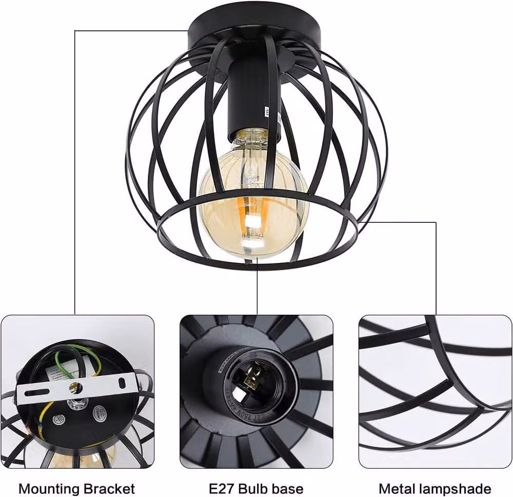 COMELY Industrial Vintage Black Metal Semi Flush Ceiling Light with E27 Socket – 7