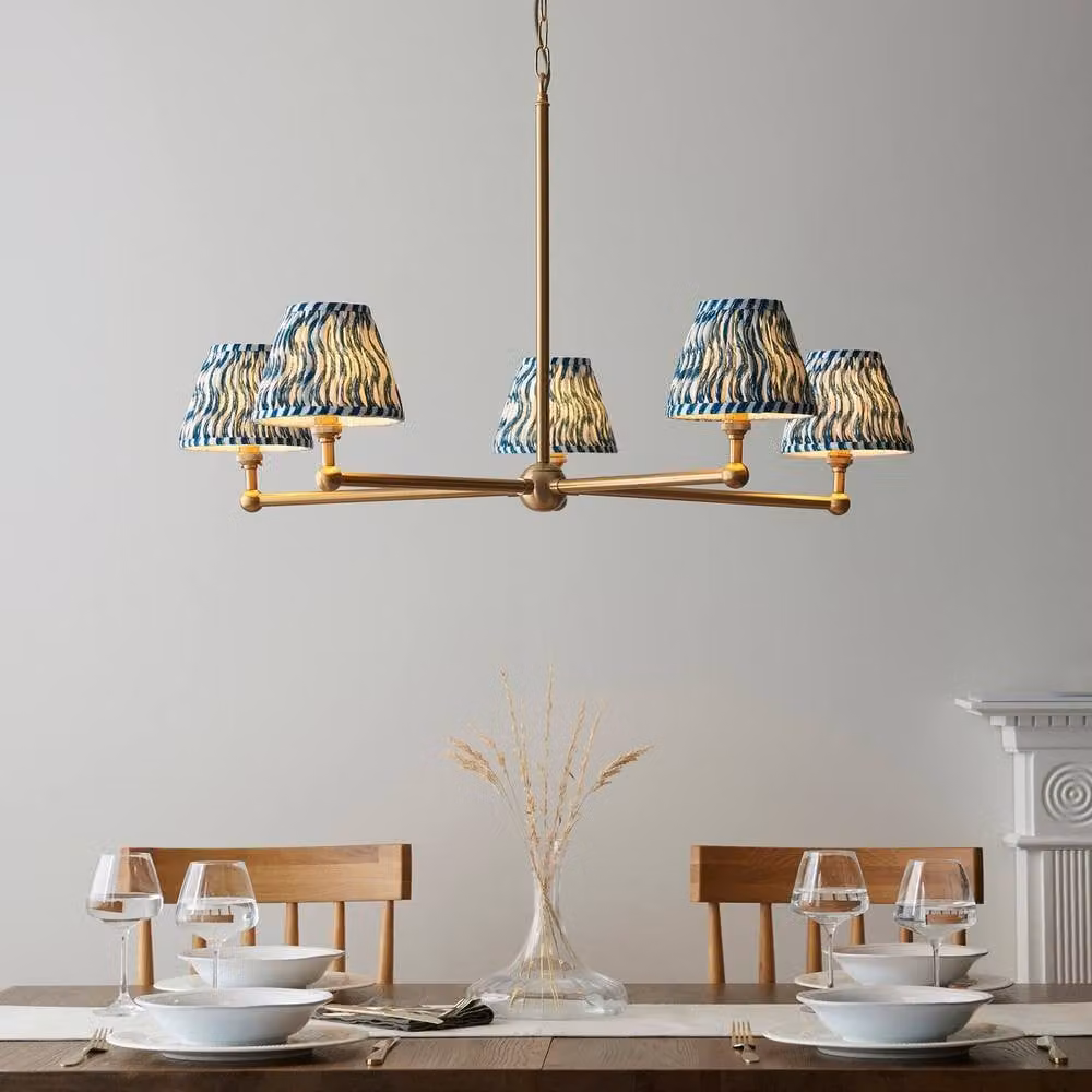 Netlighting Santiago Pendant Light with Blue Fabric Ripple Shade and Gold/Brass Metal Details, 16 cm, 5x B22 – 2