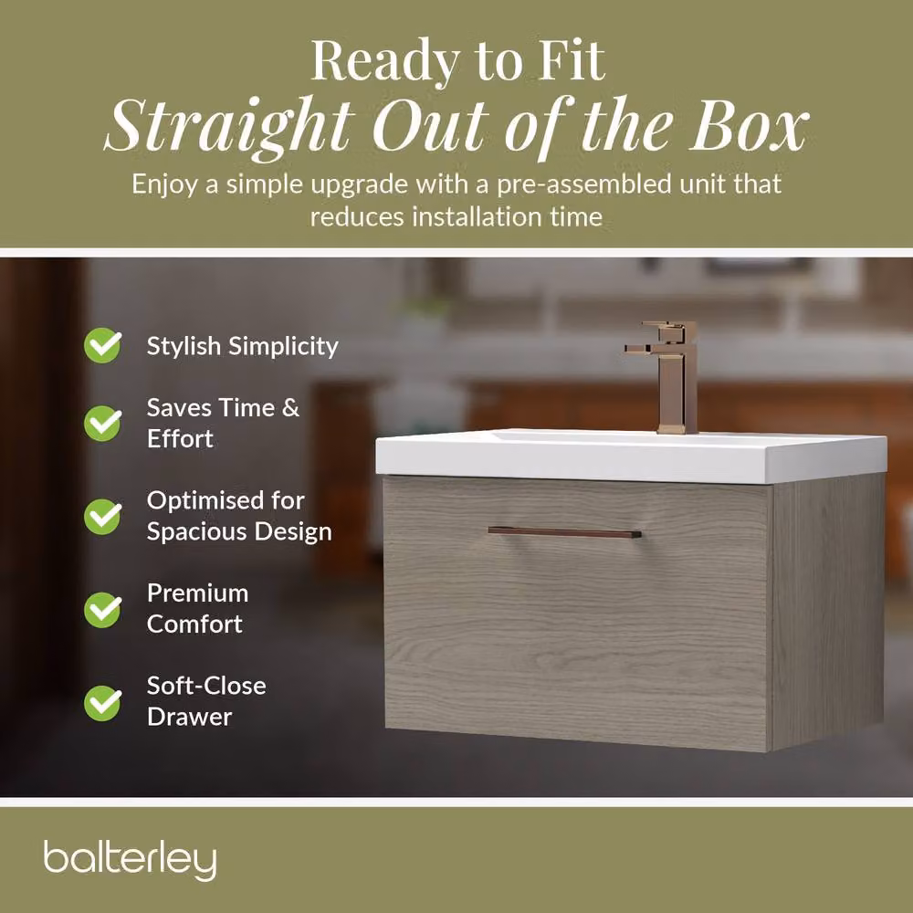 Balterley Mid Oak Wall Hung 1 Drawer Vanity Basin Unit with Bronze Handle in Brown – 4