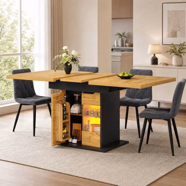 STILVORA Modern Rectangular Extendable Dining Table with LED Lighting and Storage in Black, W/D/H: 110 x 80 x 76 cm