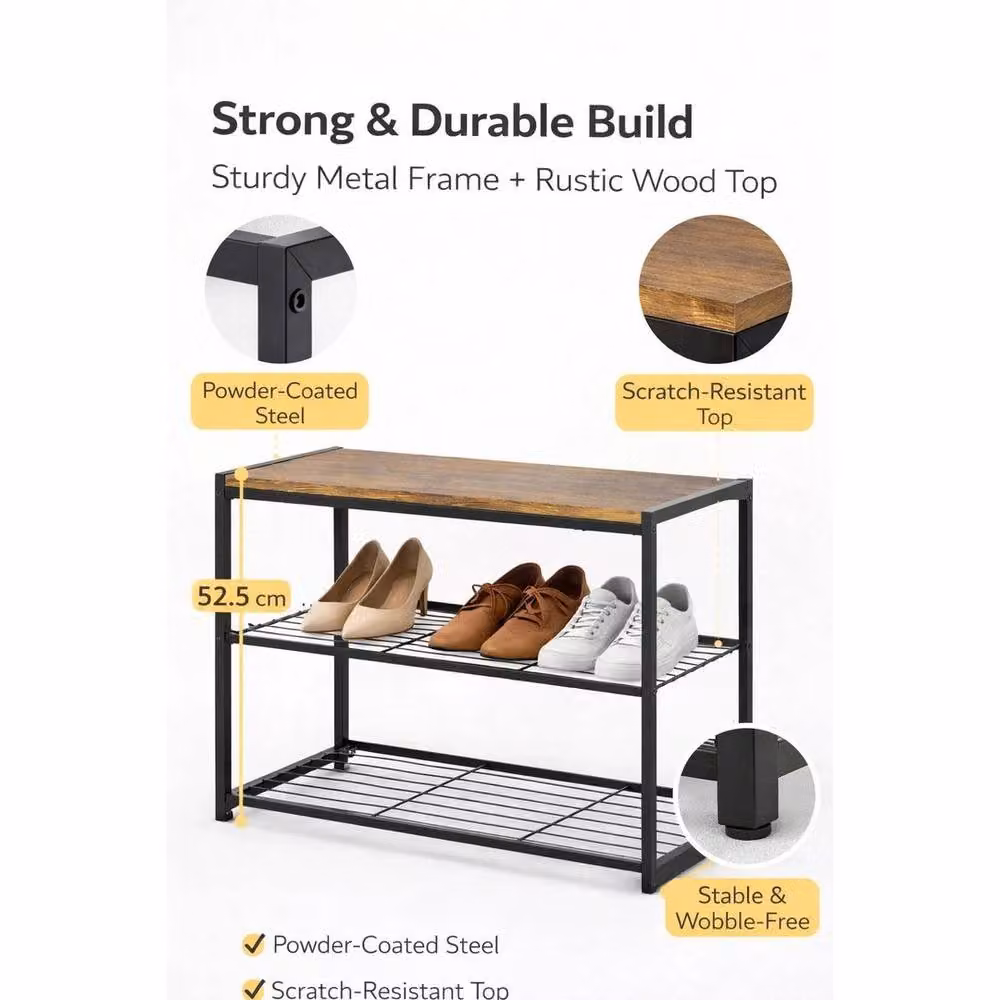 FLAVORA 3 Tier Metal and Wood Shoe Rack Organiser in Brown, W/D/H: 100 x 52.5 x 30 cm – 2