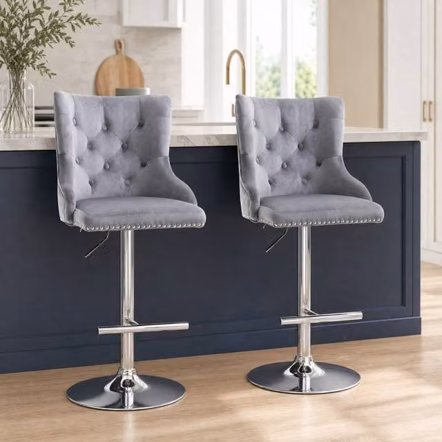 STILVORA Set of 2 Grey Velvet Swivel Bar Stools with Adjustable Height and Metal Base – 1
