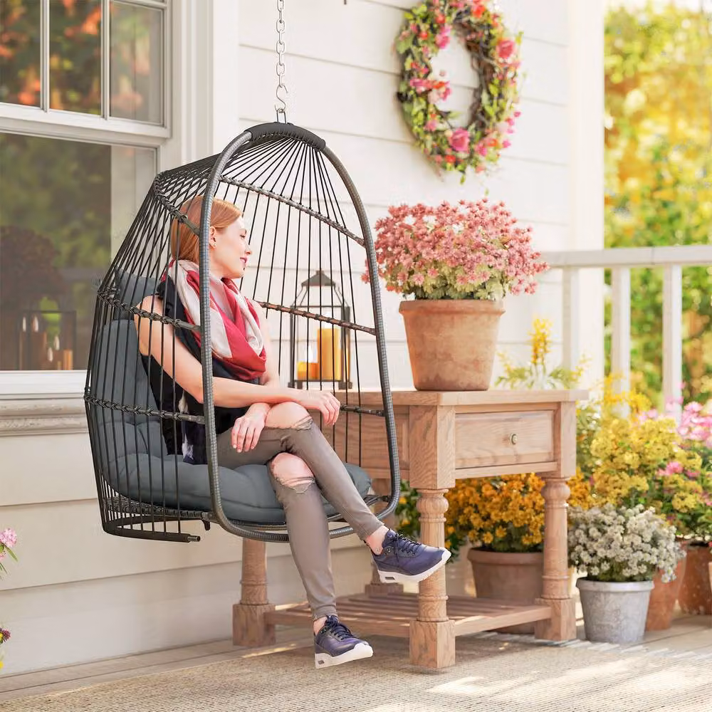 ERGOVEXA Foldable Rattan Hanging Egg Chair with 360 Degree Swivel and Cushions, Dark Grey – 4