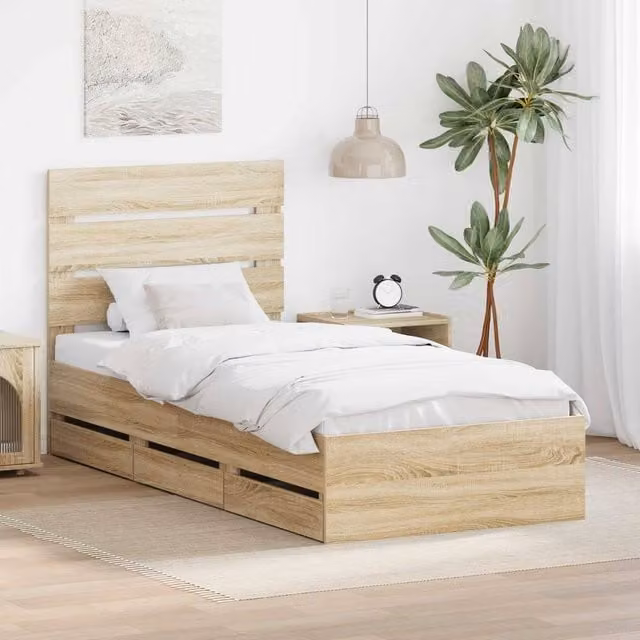Berkfield Home Sonoma Oak Bed Frame with Drawer, Brown, W/D/H: 75 x 190 cm