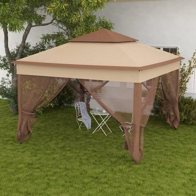 Outsunny Metal Pop Up Party Canopy Gazebo in Beige and Brown, W 300 cm x D 300 cm x H 300 cm