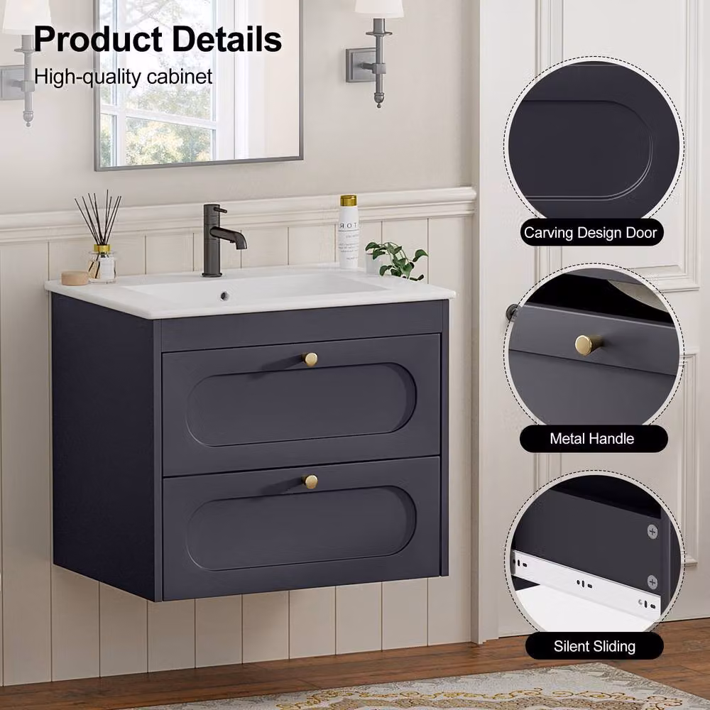 KEEPREAPER Wall Mounted Bathroom Vanity Unit with Ceramic Sink and 2 Drawers, Dark Grey and Gold – 2