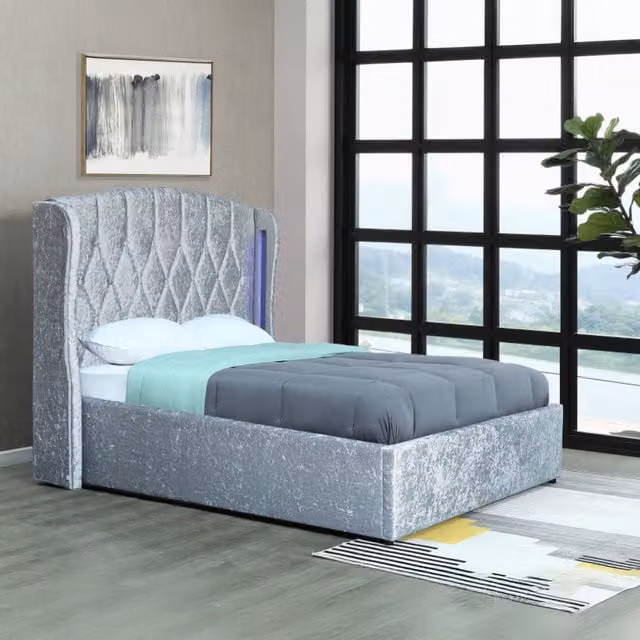 Mayfair Double Crush Silver Velvet Ottoman LED Bedframe with Lift Up Base, W: 140 cm, L: 200 cm