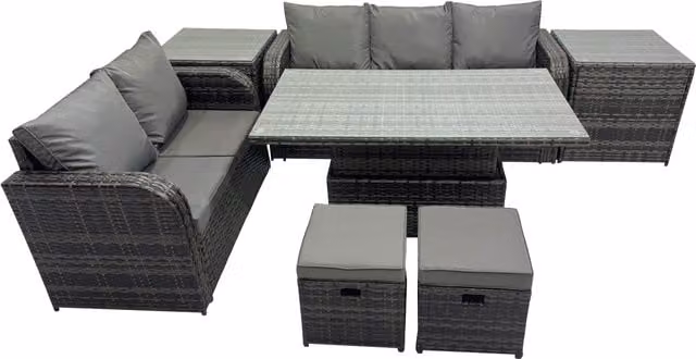 Fimous 7-Seater Rattan Garden Furniture Dining Set with 2 Small Footstools in Dark Grey