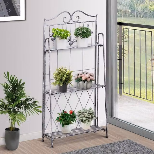 Outsunny 3 Tier Metal Folding Plant Stand for Garden, Terrace or Balcony, Silver Grey