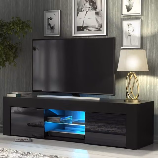 Mex Furniture LTD Loom TV Unit in Black with Glossy Doors and LED Lights, W: 130 cm, D: 35 cm, H: 35 cm