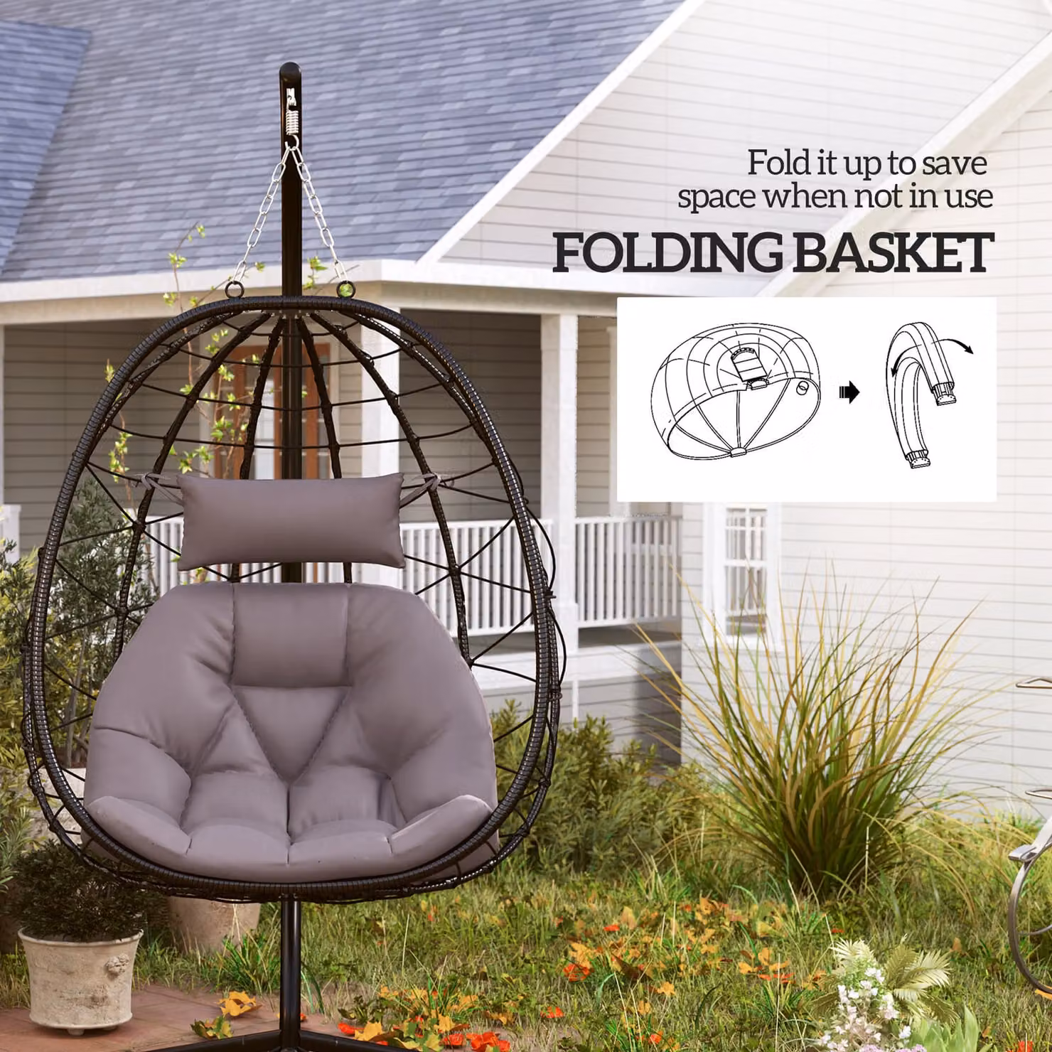 Outsunny Grey Hanging Egg Chair with Stand, Folding Basket, Thickened Cushions and Adjustable Headrest for Garden, Balcony or Patio – 5