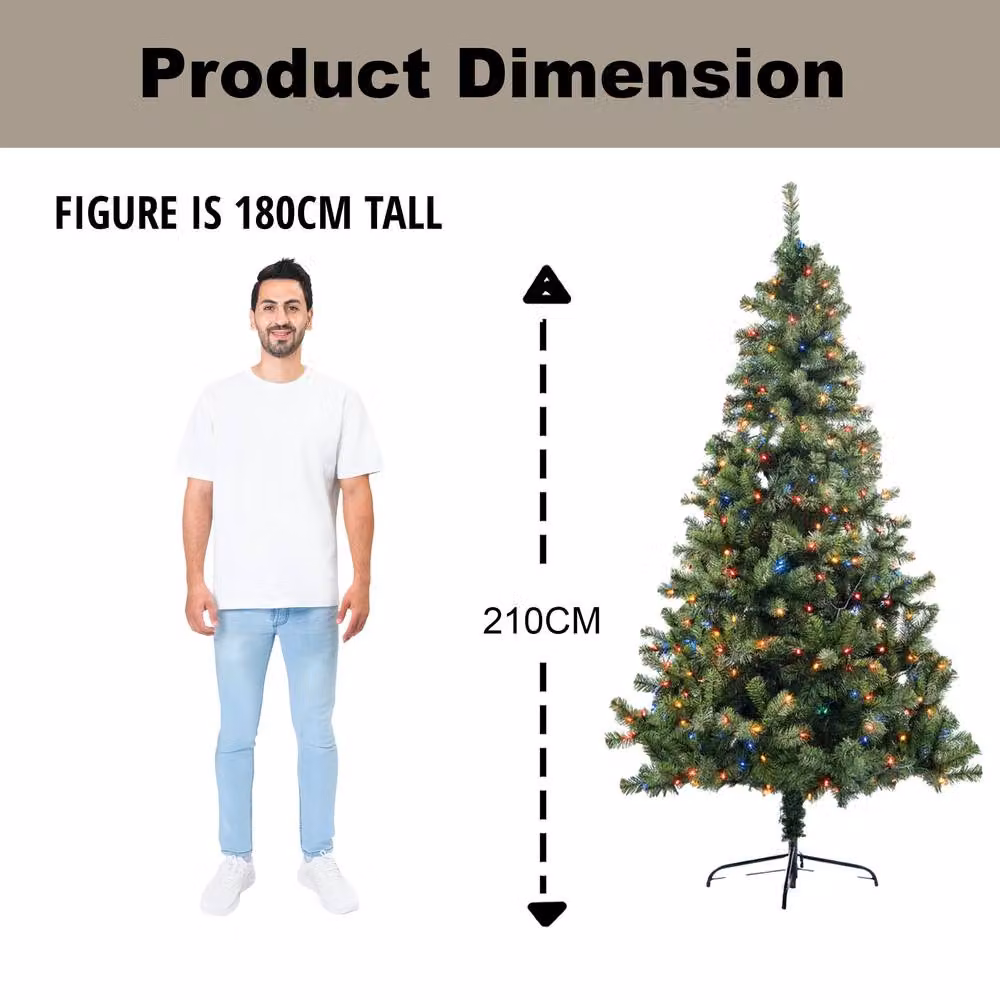 Shatchi 7ft Alaskan Pine Christmas Tree with Multicolour LED Lights in Green – 4
