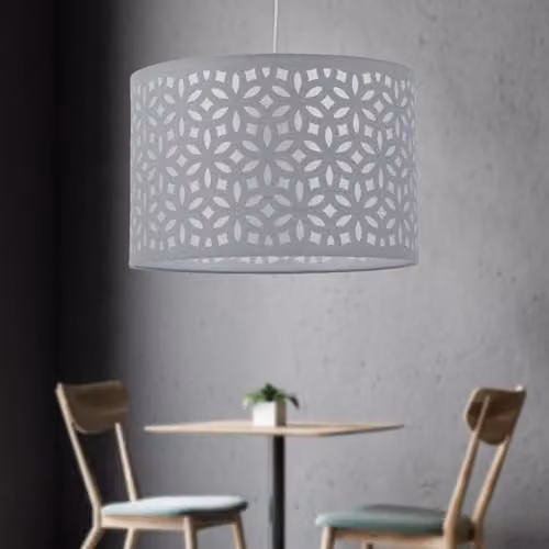 First Choice Lighting Set of 2 Grey Round Fabric Laser Cut Pendant Lightshades, Diameter: 30 cm – 3