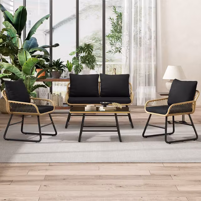 Yaheetech 4-Seater Wicker Patio Furniture Set in Black with Rattan, Metal and Glass Details