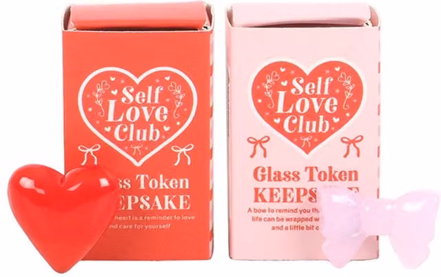 Something Different Self Love Club Glass Keepsakes Set, Pack of 24, Pink and Red Heart Design