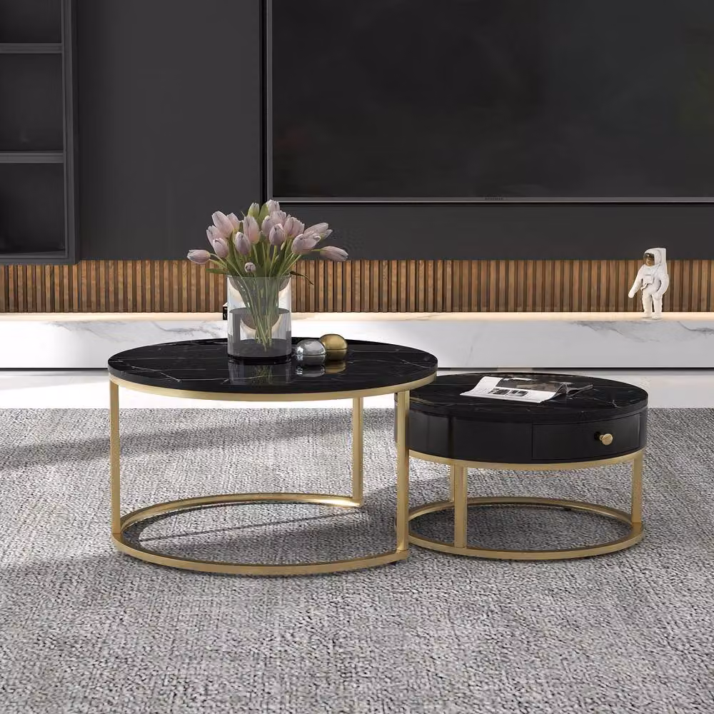 Merax Round Marble Effect Nesting Coffee Table Set of 2 with Drawer in Black and Gold – 2