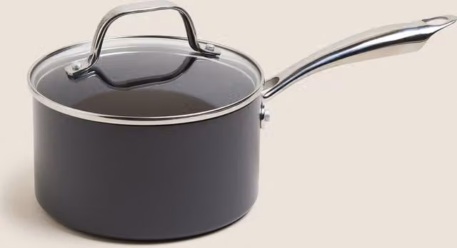 M&S Black Hard Anodised Aluminium Saucepan with Glass Lid, 16cm