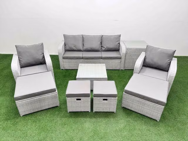 Fimous Grey PE Rattan Lounge Sofa Set with Coffee Table, Ottoman and Armchairs