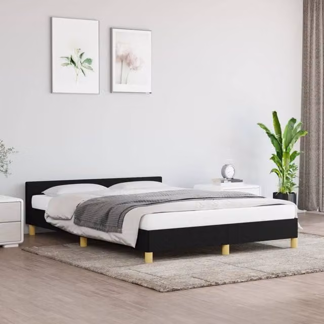 Berkfield Home Upholstered Fabric Bed Frame with Headboard, Black, W/D/H: 180 x 200 cm – 1