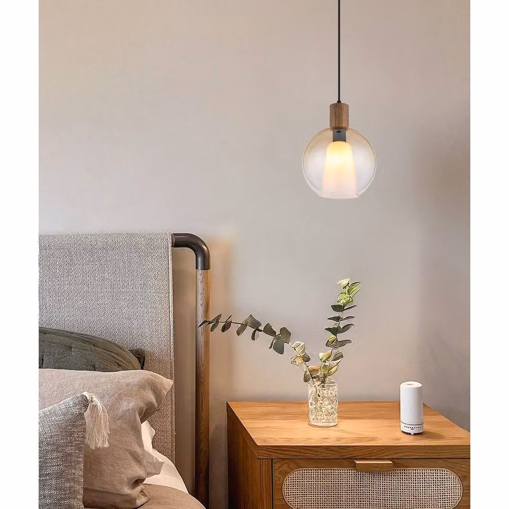 Netlighting Barry I Globe Pendant Ceiling Light in Matt Black with Amber Glass Shade, E27, Height Adjustable – 2