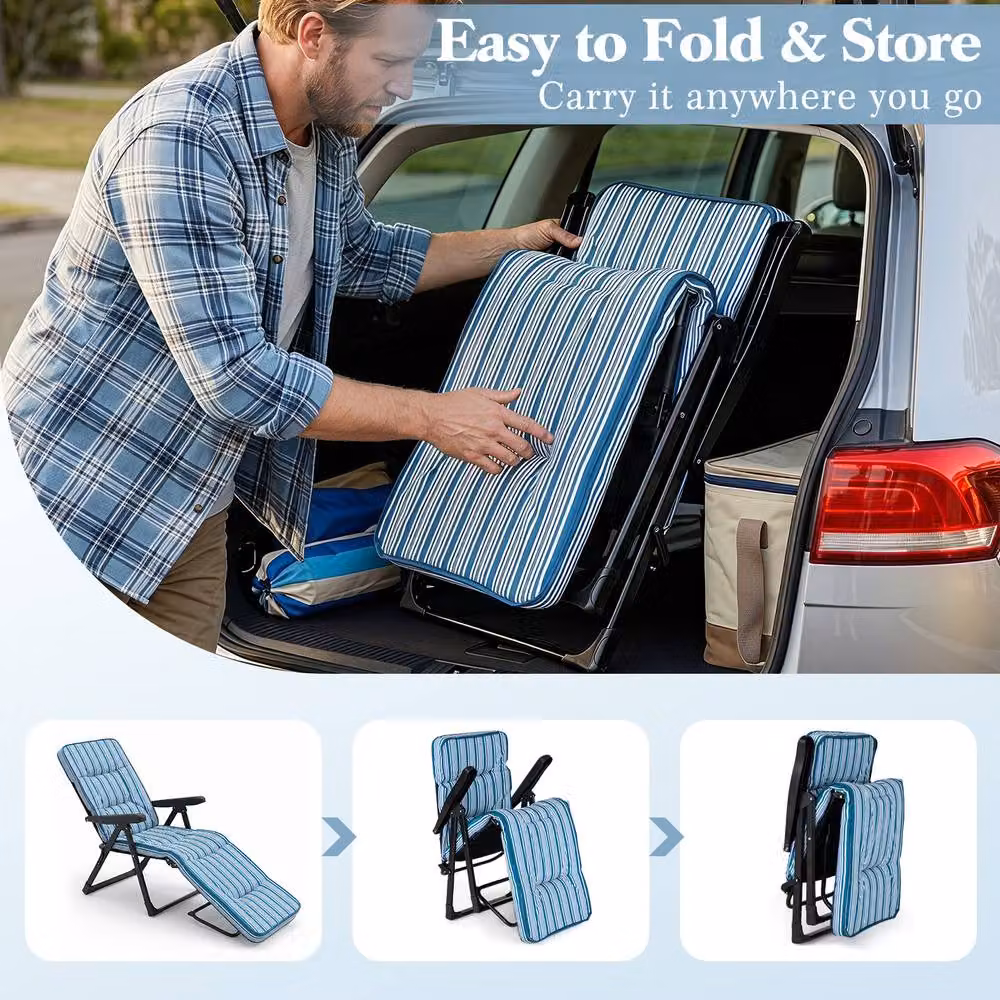 Gymax Foldable Garden Sun Lounger with Adjustable Headrest and Armrests in Blue Striped UV-Resistant Polyester – 6