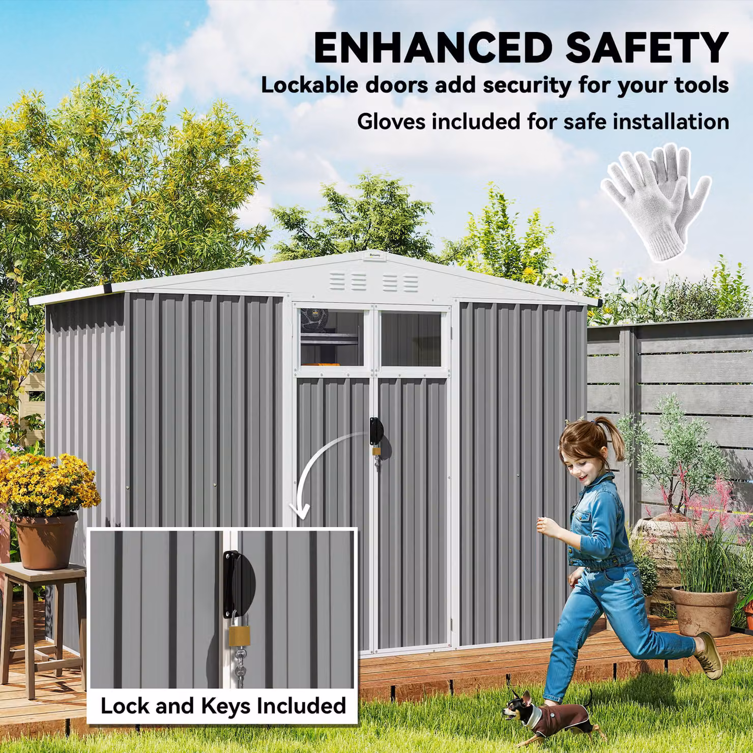 Outsunny Metal Garden Storage Shed with Window and Lockable Double Doors, Light Grey, W/D/H: 243.84 x 121.92 x 180 cm – 5