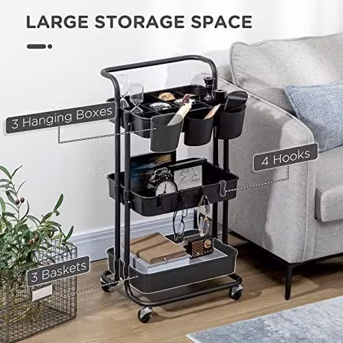 HOMCOM 3-Tier Metal Utility Cart and Kitchen Serving Trolley with Mesh Baskets, Black, H 86.5 x W 42.0 x D 38.0 cm – 3