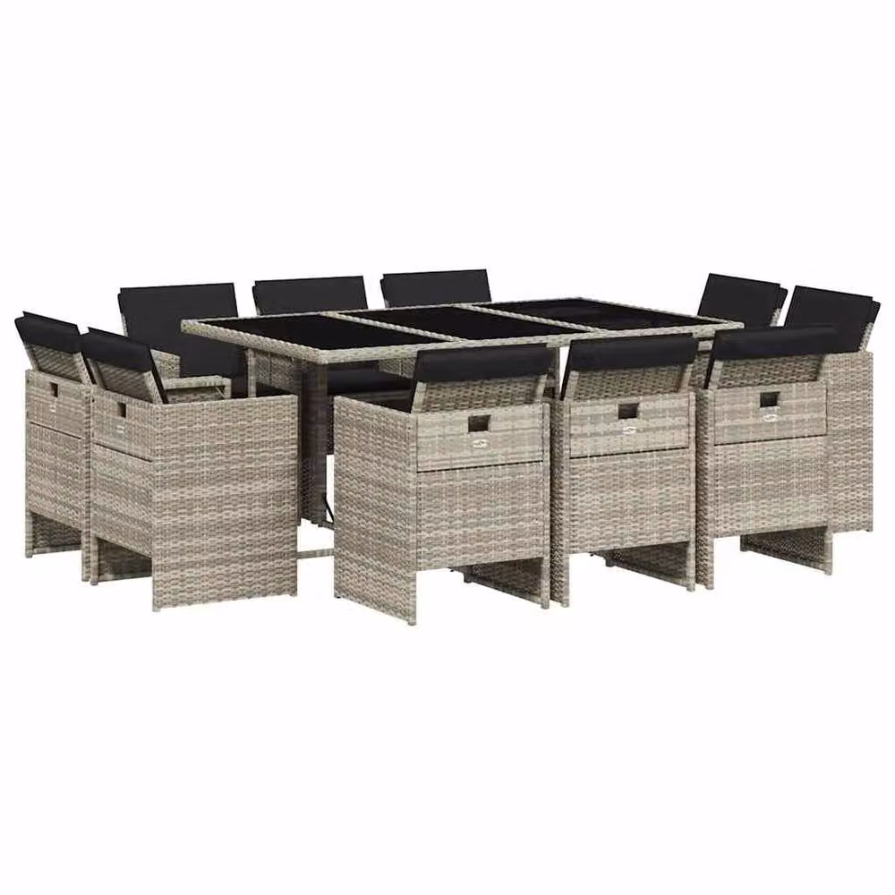 Berkfield Home 11 Piece Modern Poly Rattan Garden Dining Set with Cushions and Glass Tabletop in Grey – 2