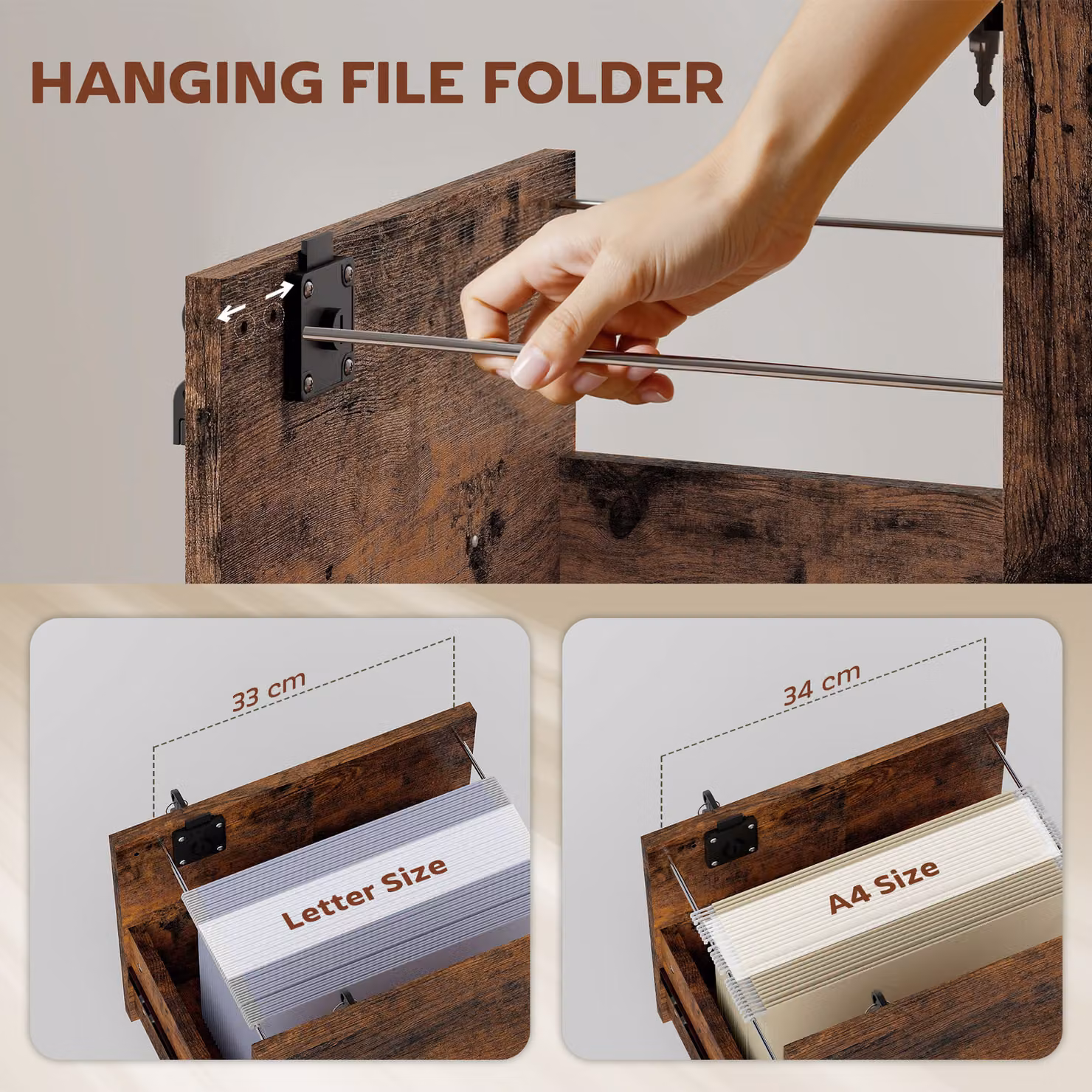 HOMCOM Rolling File Cabinet with 2 Drawers and Lock, Mobile Filing Cabinet for Letter Sized Documents, Rustic Brown – 5